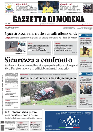Prima pagina Gazzetta di Modena di oggi - Quotidiano regionale