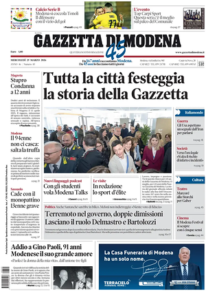 Prima pagina Gazzetta di Modena di oggi - Quotidiano regionale