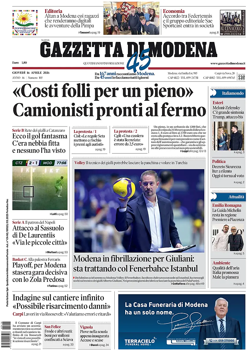 Prima pagina Gazzetta di Modena di oggi - Edicola 16 Aprile 2026