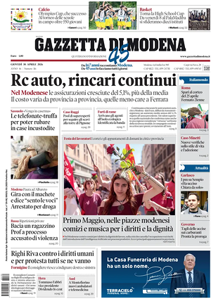 Prima pagina Gazzetta di Modena di oggi - Quotidiano regionale
