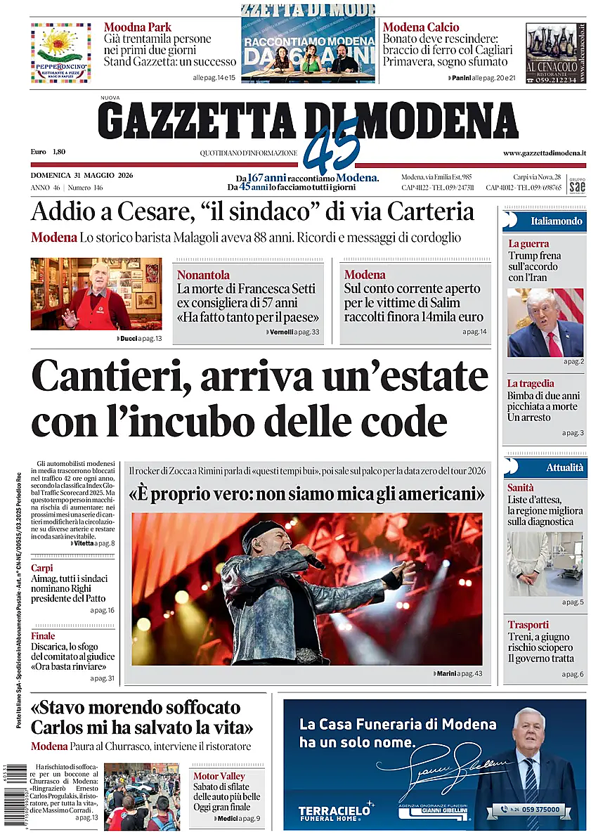 Prima pagina Gazzetta di Modena di oggi - Edicola 31 Maggio 2026