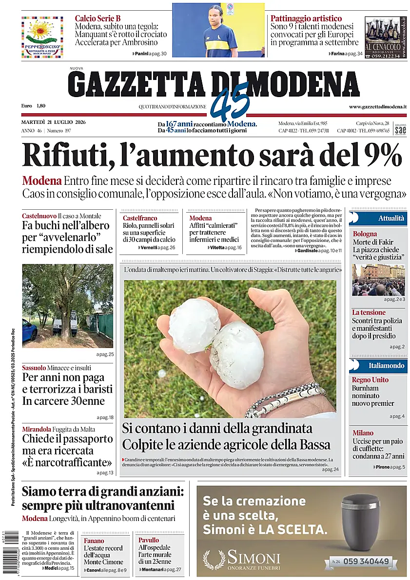 Prima pagina Gazzetta di Modena di oggi - Edicola 21 Luglio 2026
