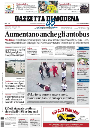 Prima pagina Gazzetta di Modena di oggi - Quotidiano regionale
