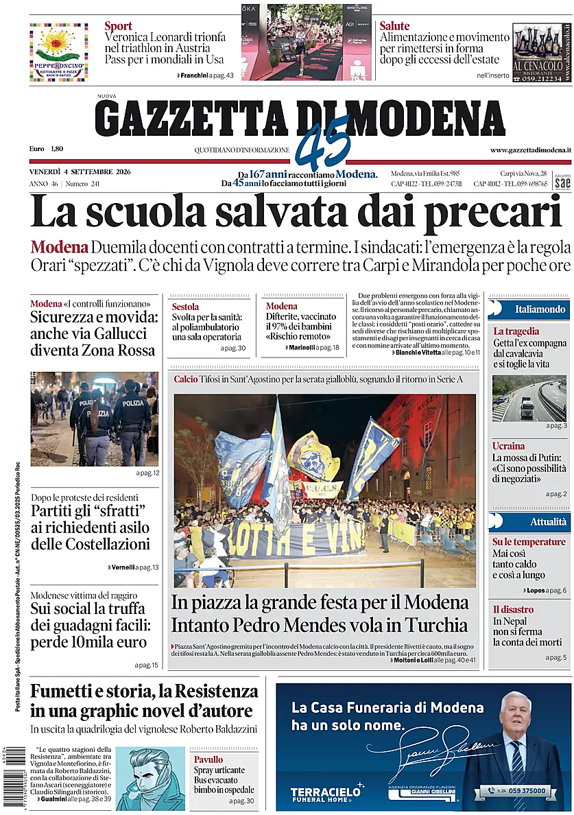 Prima pagina Gazzetta di Modena di oggi - Edicola 4 Settembre 2026