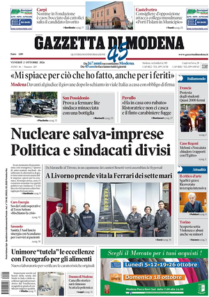 Prima pagina Gazzetta di Modena di oggi - Quotidiano regionale