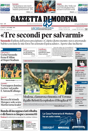 Prima pagina Gazzetta di Modena di oggi - Quotidiano regionale