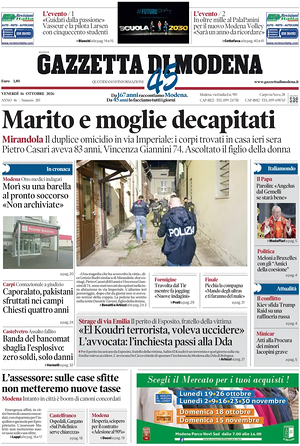 Prima pagina Gazzetta di Modena di oggi - Quotidiano regionale
