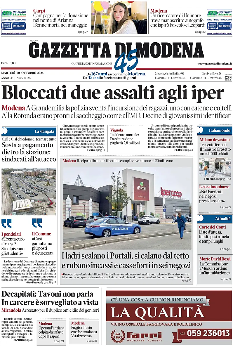Prima pagina Gazzetta di Modena di oggi - Edicola 20 Ottobre 2026