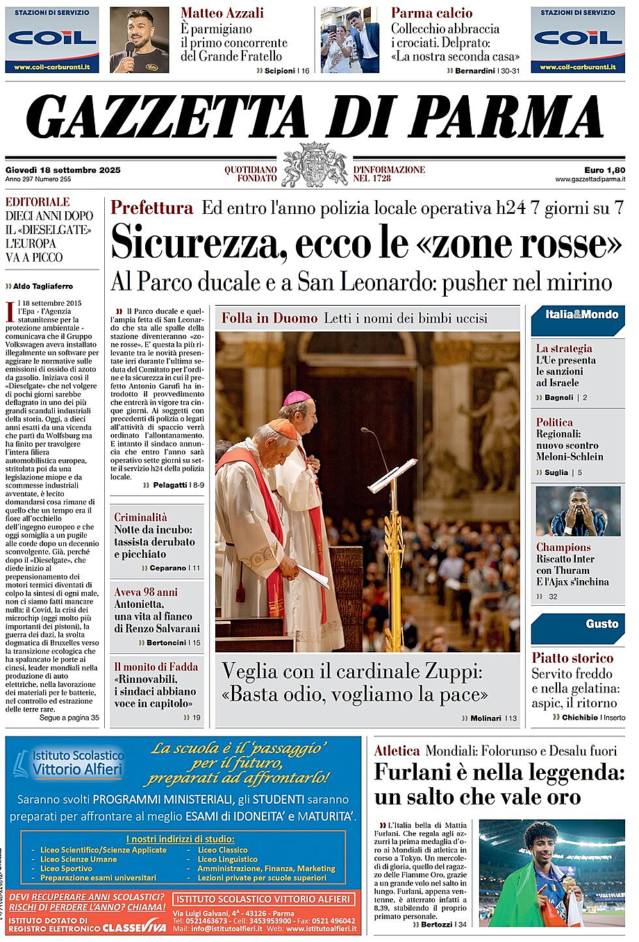 Prima pagina Gazzetta di Parma di oggi - Edicola 18 Settembre 2025