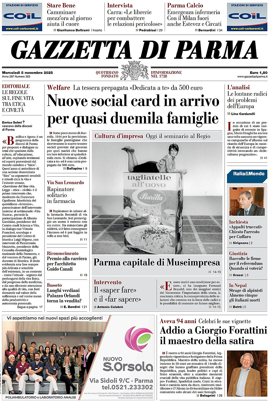 Prima pagina Gazzetta di Parma di oggi - Edicola 5 Novembre 2025
