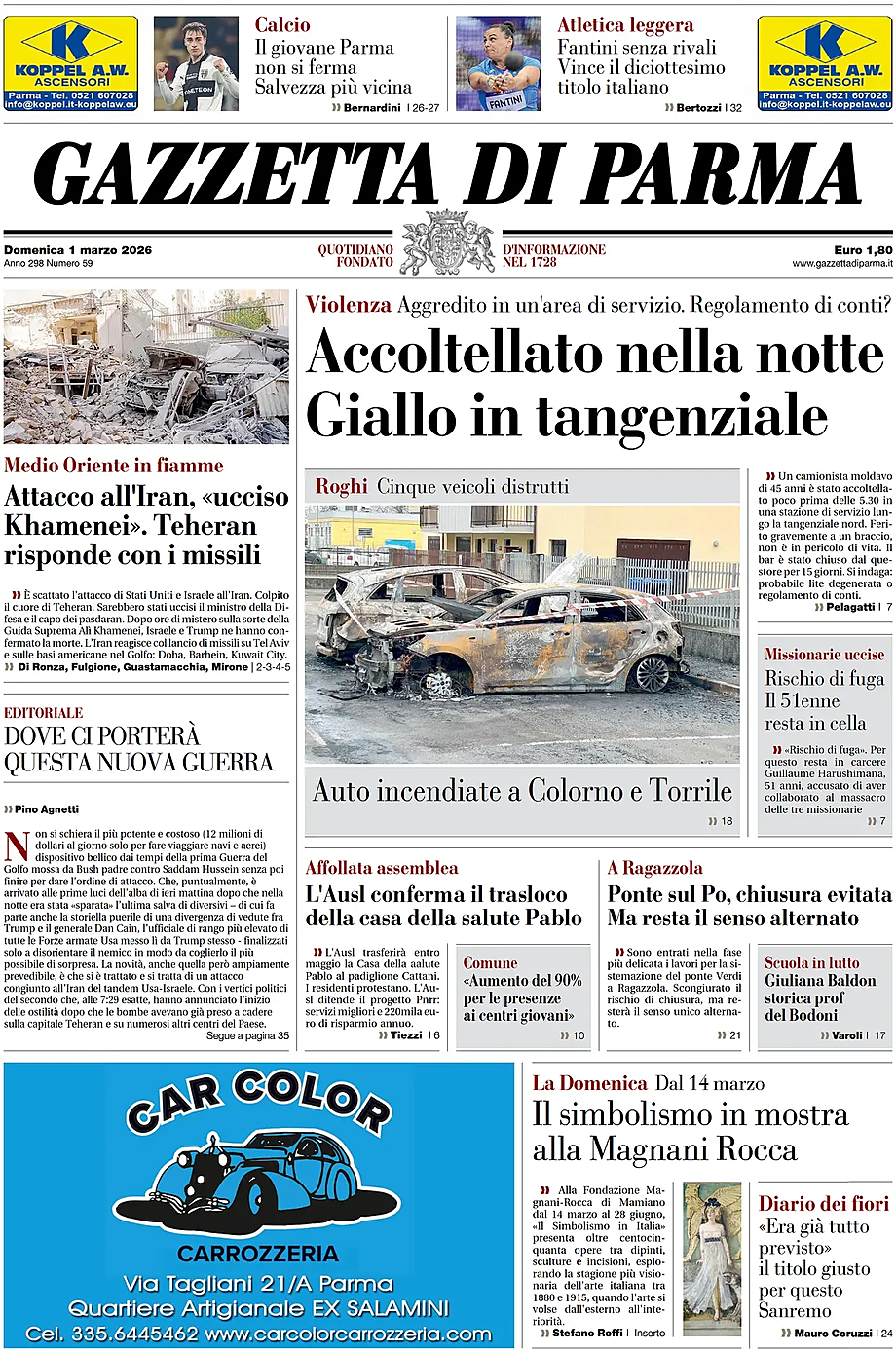 Prima pagina Gazzetta di Parma di oggi - Edicola 1 Marzo 2026