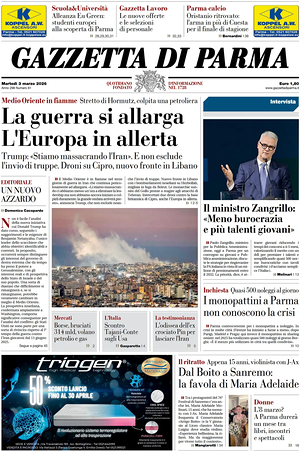 Prima pagina Gazzetta di Parma di oggi - Quotidiano regionale