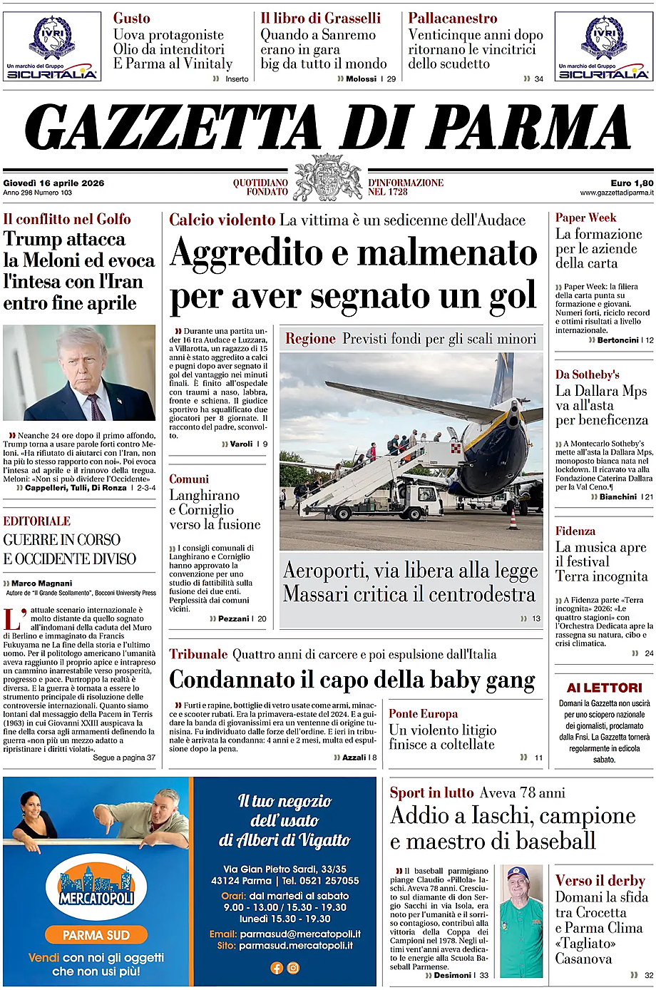 Prima pagina Gazzetta di Parma di oggi - Edicola 16 Aprile 2026