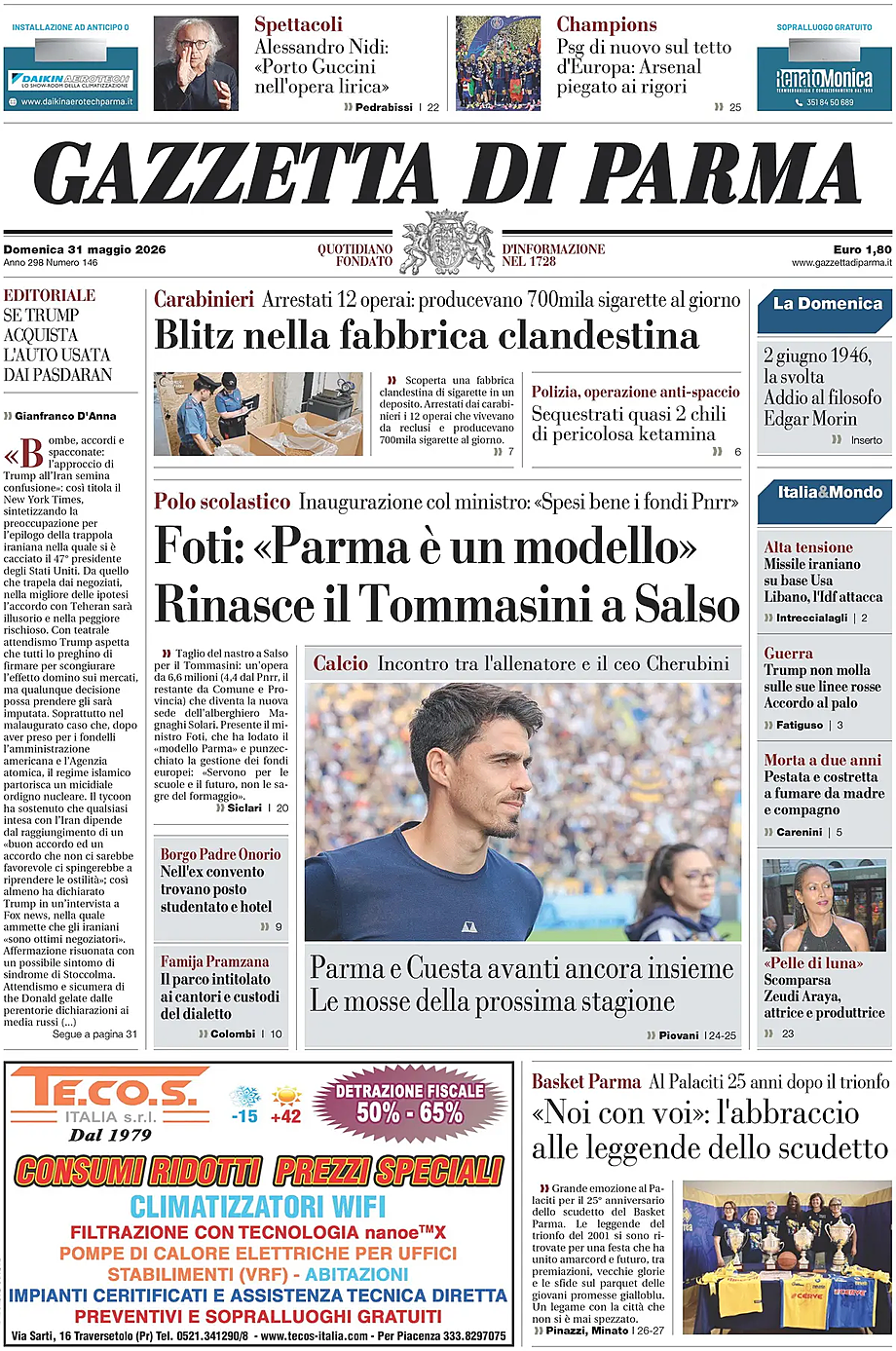Prima pagina Gazzetta di Parma di oggi - Edicola 31 Maggio 2026