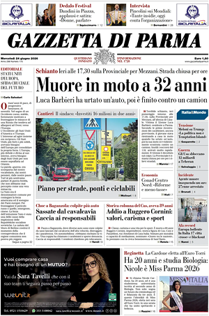 Prima pagina Gazzetta di Parma di oggi - Quotidiano regionale