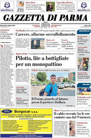 Prima pagina Gazzetta di Parma di oggi - Quotidiano regionale