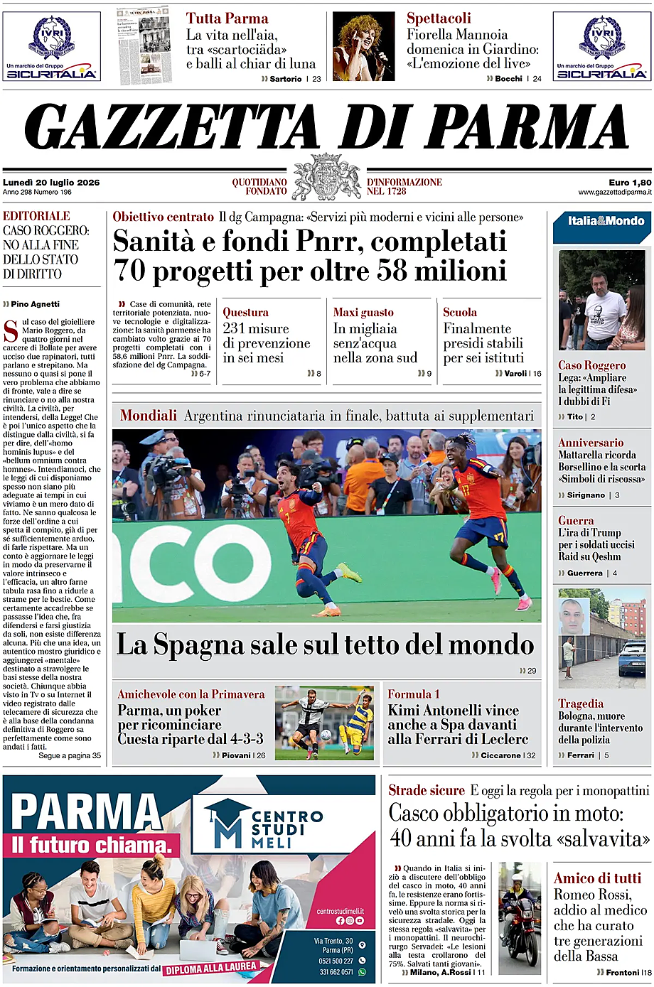 Prima pagina Gazzetta di Parma di oggi - Edicola 20 Luglio 2026