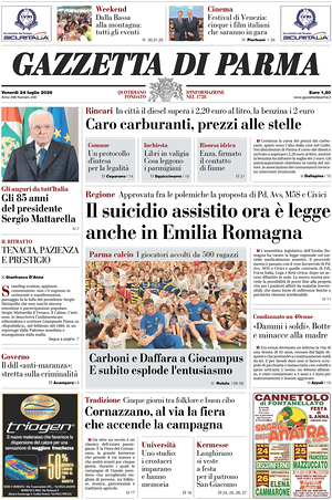 Prima pagina Gazzetta di Parma di oggi - Quotidiano regionale
