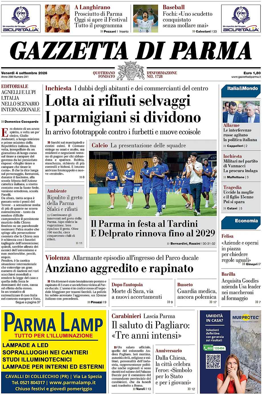 Prima pagina Gazzetta di Parma di oggi - Edicola 4 Settembre 2026