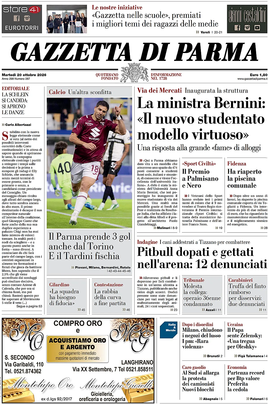 Prima pagina Gazzetta di Parma di oggi - Edicola 20 Ottobre 2026