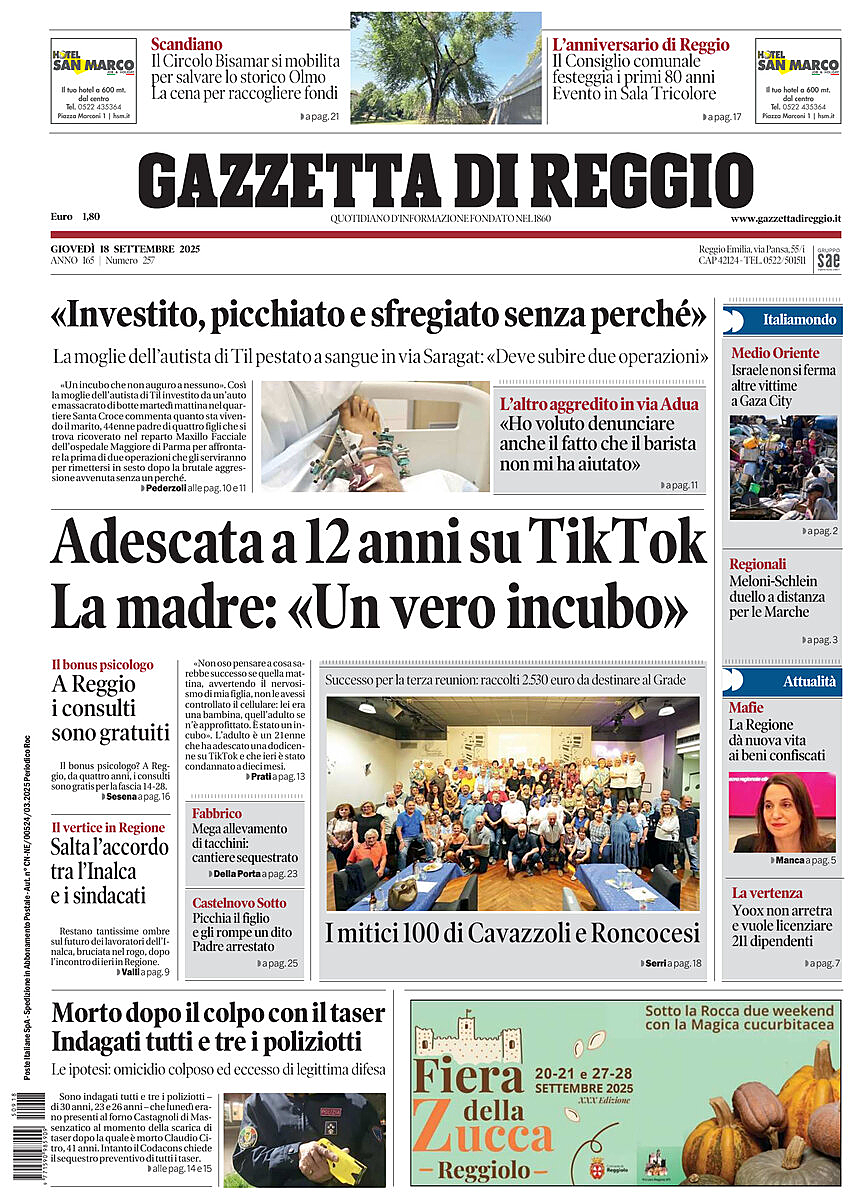 Prima pagina Gazzetta di Reggio di oggi - Edicola 18 Settembre 2025