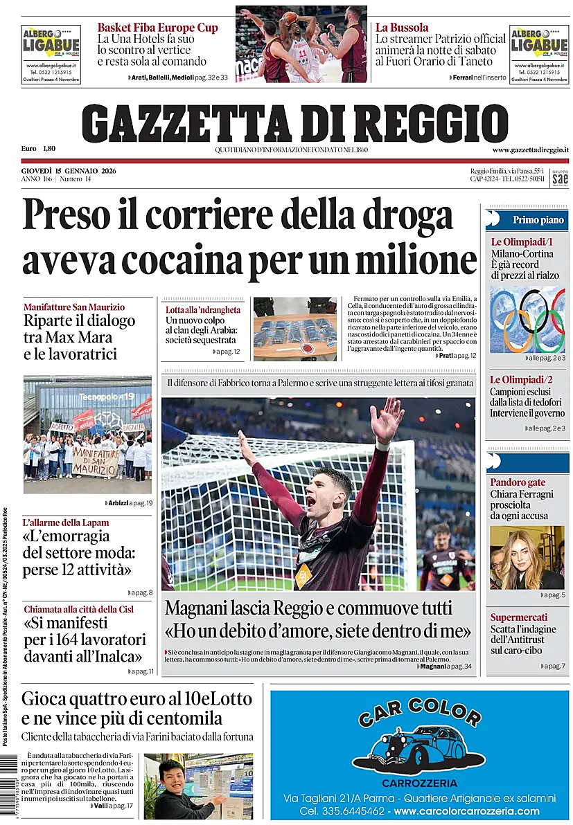 Prima pagina Gazzetta di Reggio di oggi - Edicola 15 Gennaio 2026