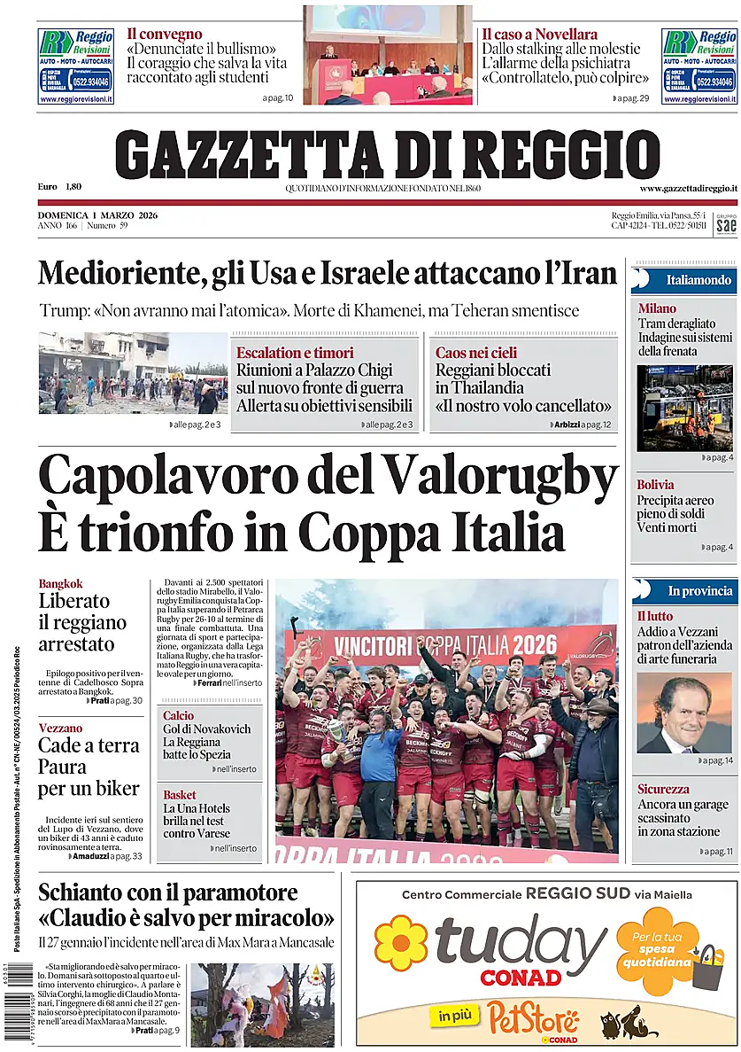 Prima pagina Gazzetta di Reggio di oggi - Edicola 1 Marzo 2026