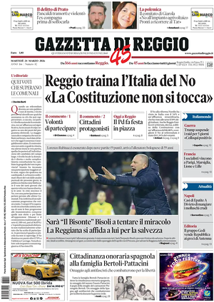Prima pagina Gazzetta di Reggio di oggi - Quotidiano regionale