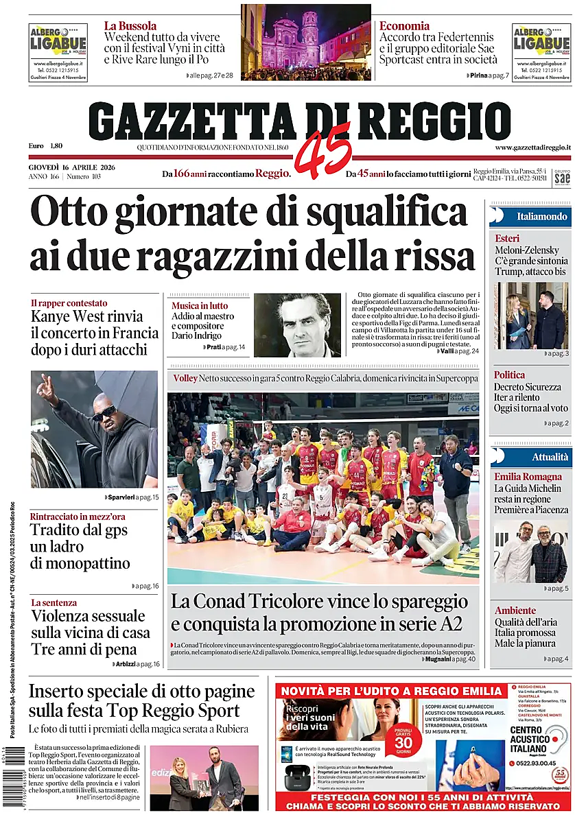 Prima pagina Gazzetta di Reggio di oggi - Edicola 16 Aprile 2026