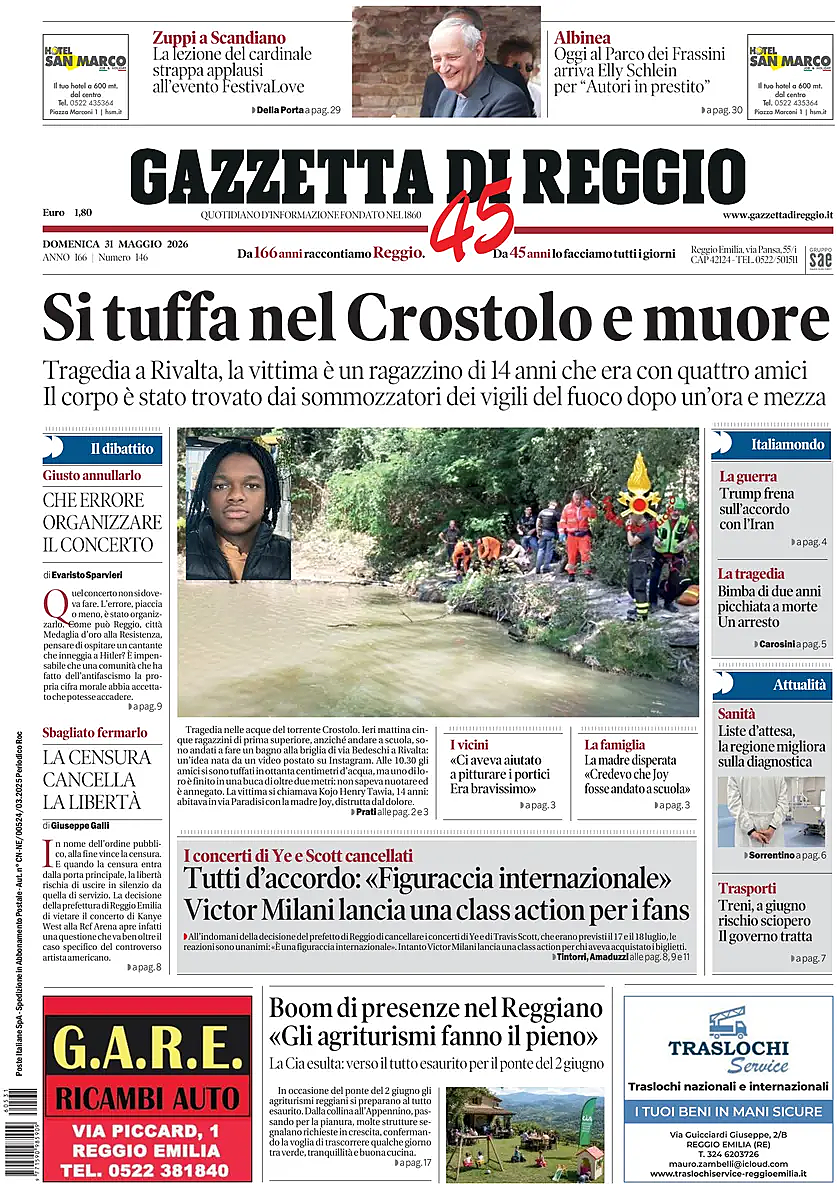 Prima pagina Gazzetta di Reggio di oggi - Edicola 31 Maggio 2026