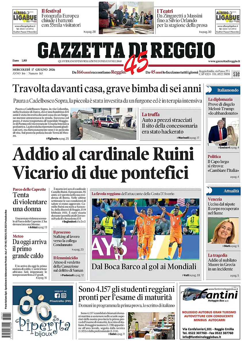 Prima pagina Gazzetta di Reggio di oggi - Edicola 17 Giugno 2026