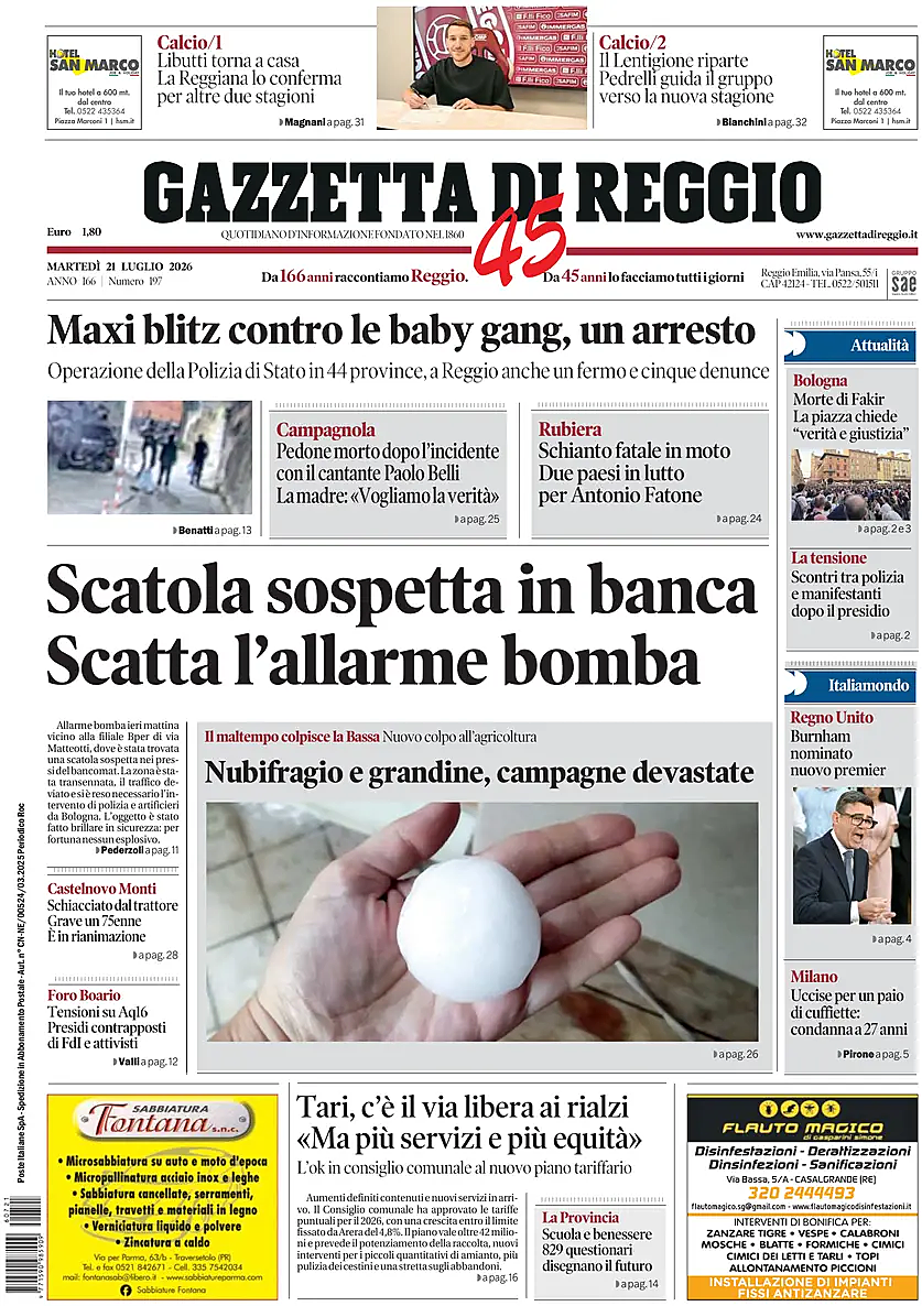 Prima pagina Gazzetta di Reggio di oggi - Edicola 21 Luglio 2026