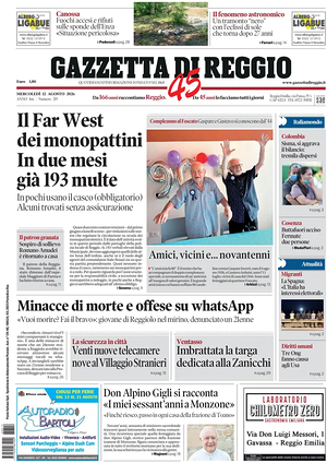 Prima pagina Gazzetta di Reggio di oggi - Quotidiano regionale