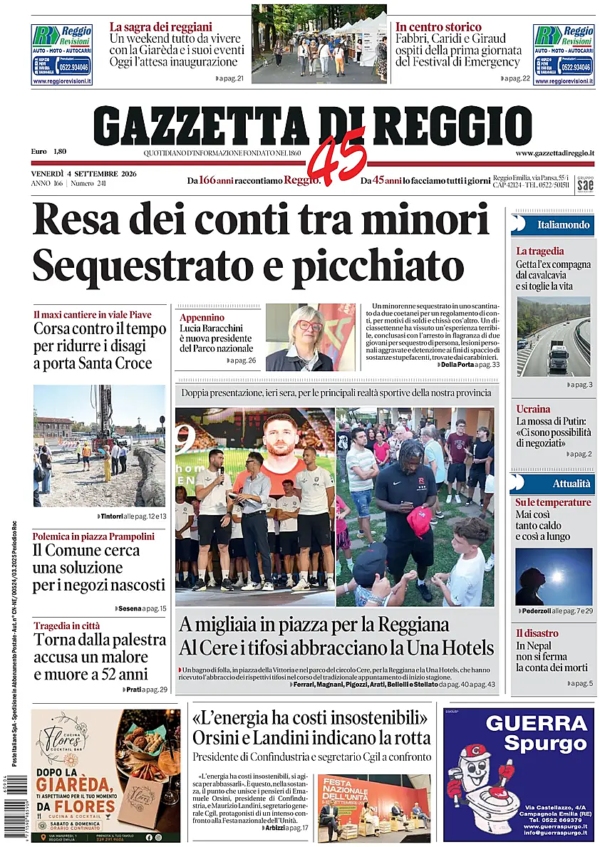 Prima pagina Gazzetta di Reggio di oggi - Edicola 4 Settembre 2026