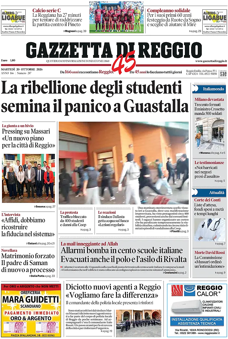 Prima pagina Gazzetta di Reggio di oggi - Edicola 20 Ottobre 2026