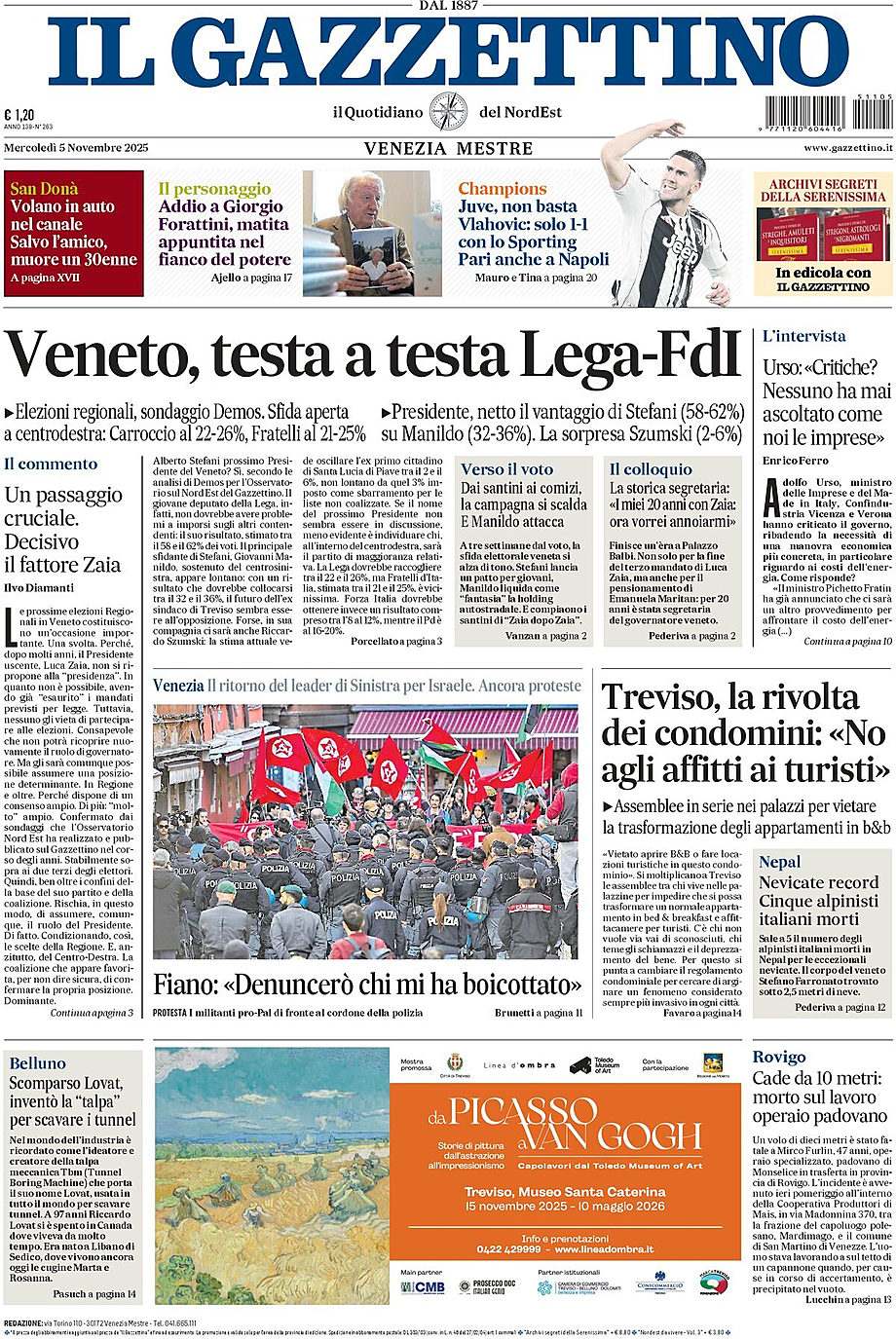 Prima pagina Il Gazzettino di oggi - Edicola 5 Novembre 2025