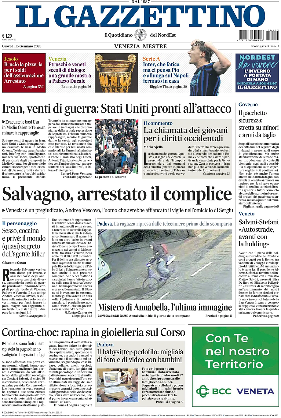 Prima pagina Il Gazzettino di oggi - Edicola 15 Gennaio 2026