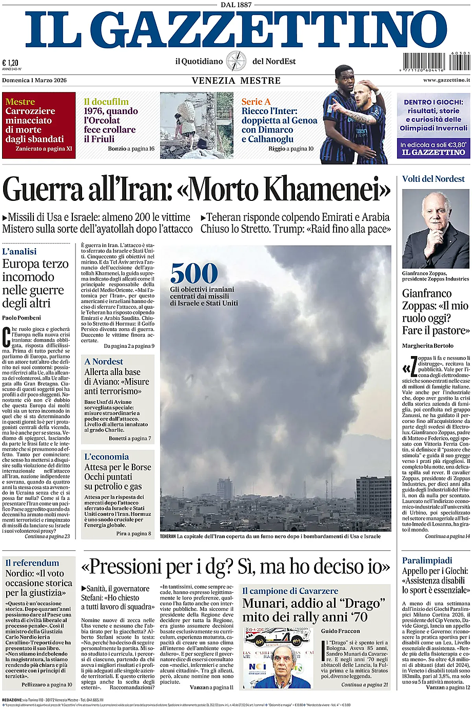 Prima pagina Il Gazzettino di oggi - Edicola 1 Marzo 2026