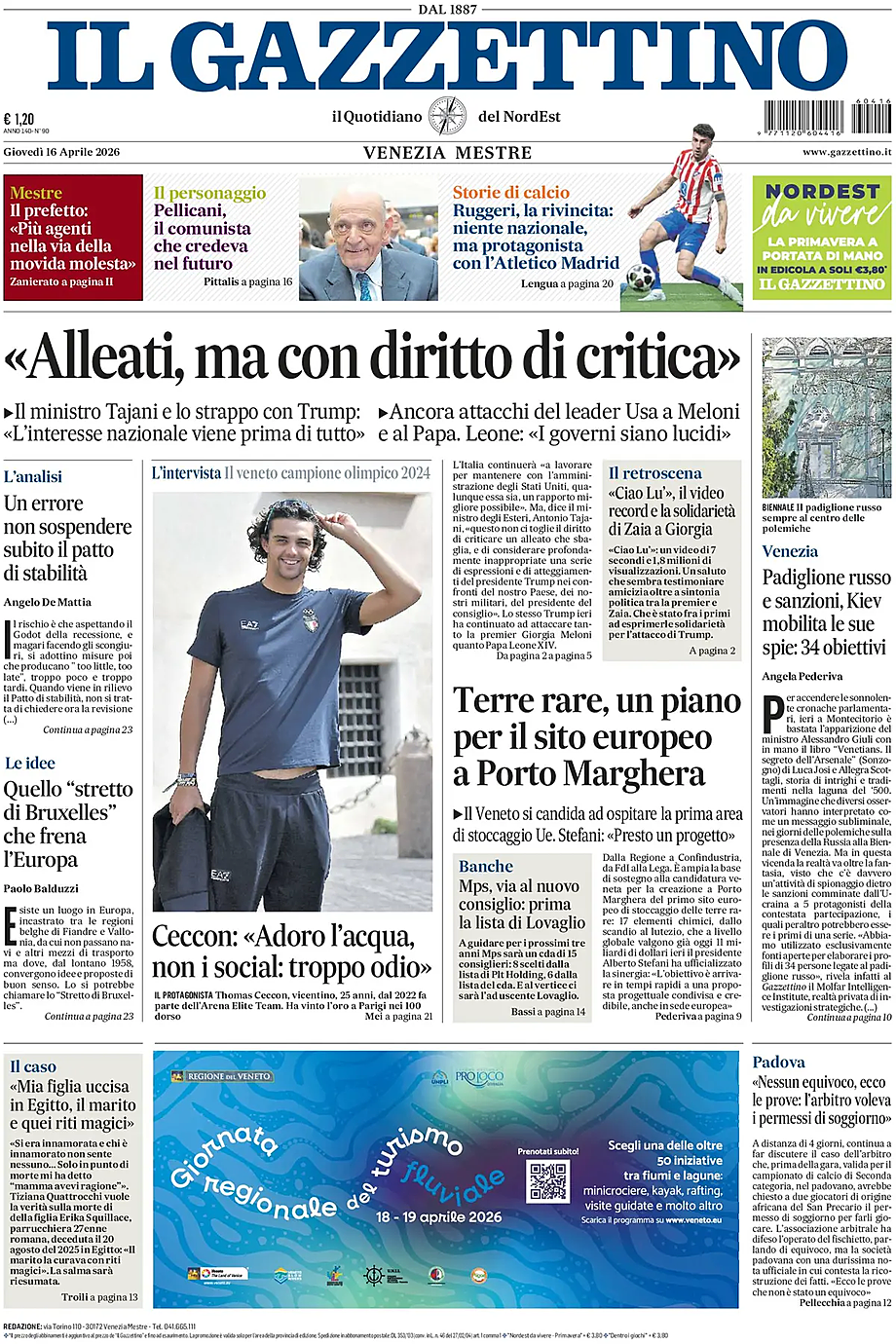 Prima pagina Il Gazzettino di oggi - Edicola 16 Aprile 2026