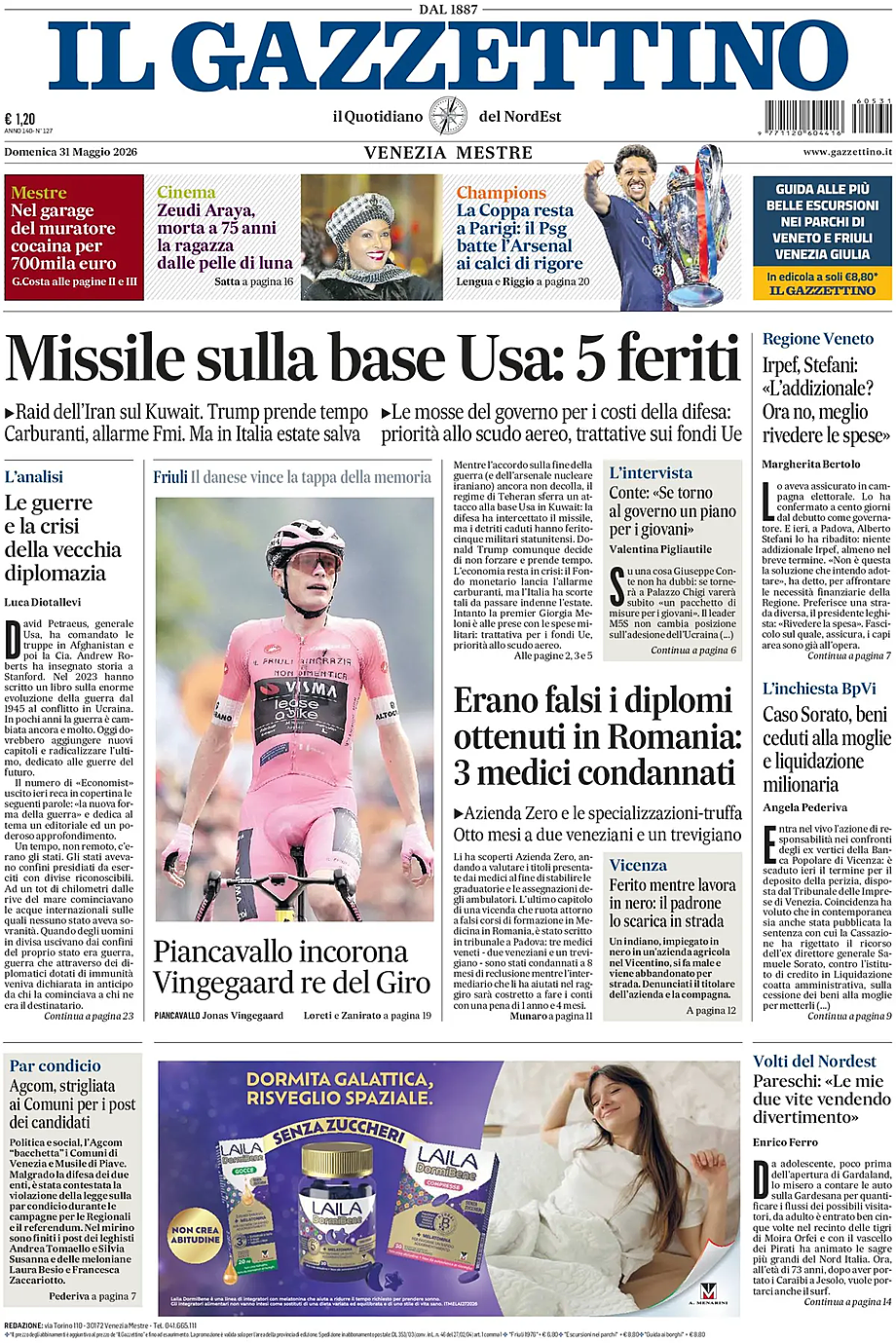 Prima pagina Il Gazzettino di oggi - Edicola 31 Maggio 2026