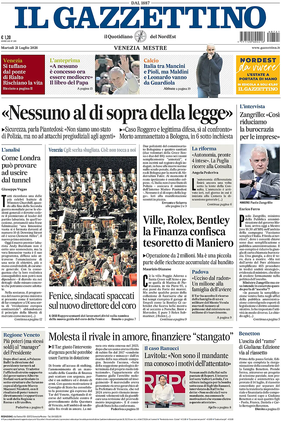 Prima pagina Il Gazzettino di oggi - Edicola 21 Luglio 2026
