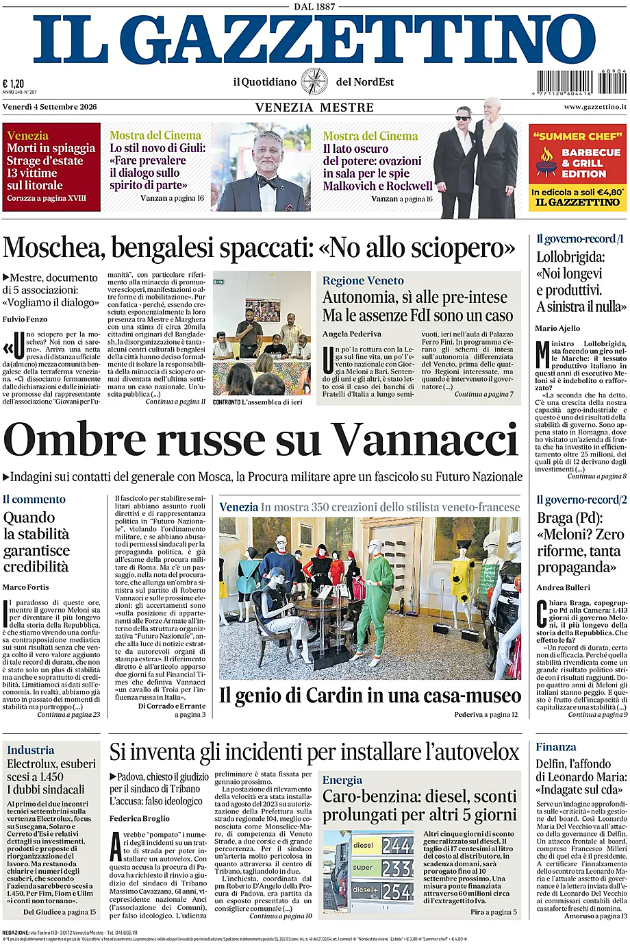 Prima pagina Il Gazzettino di oggi - Edicola 4 Settembre 2026