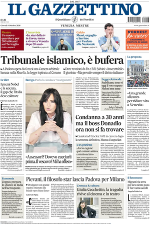 Prima pagina Il Gazzettino di oggi - Quotidiano nazionale