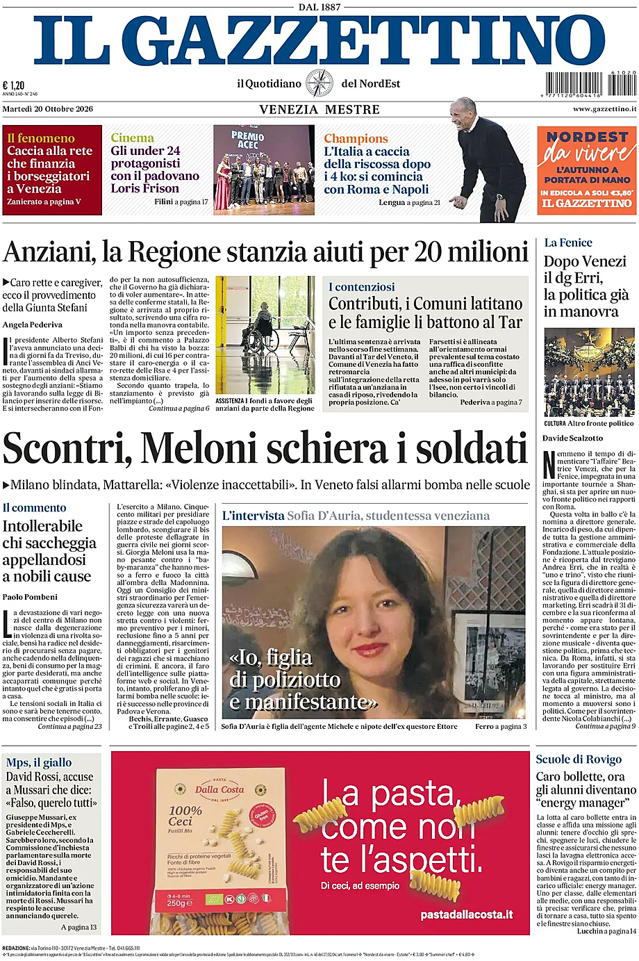 Prima pagina Il Gazzettino di oggi - Edicola 20 Ottobre 2026