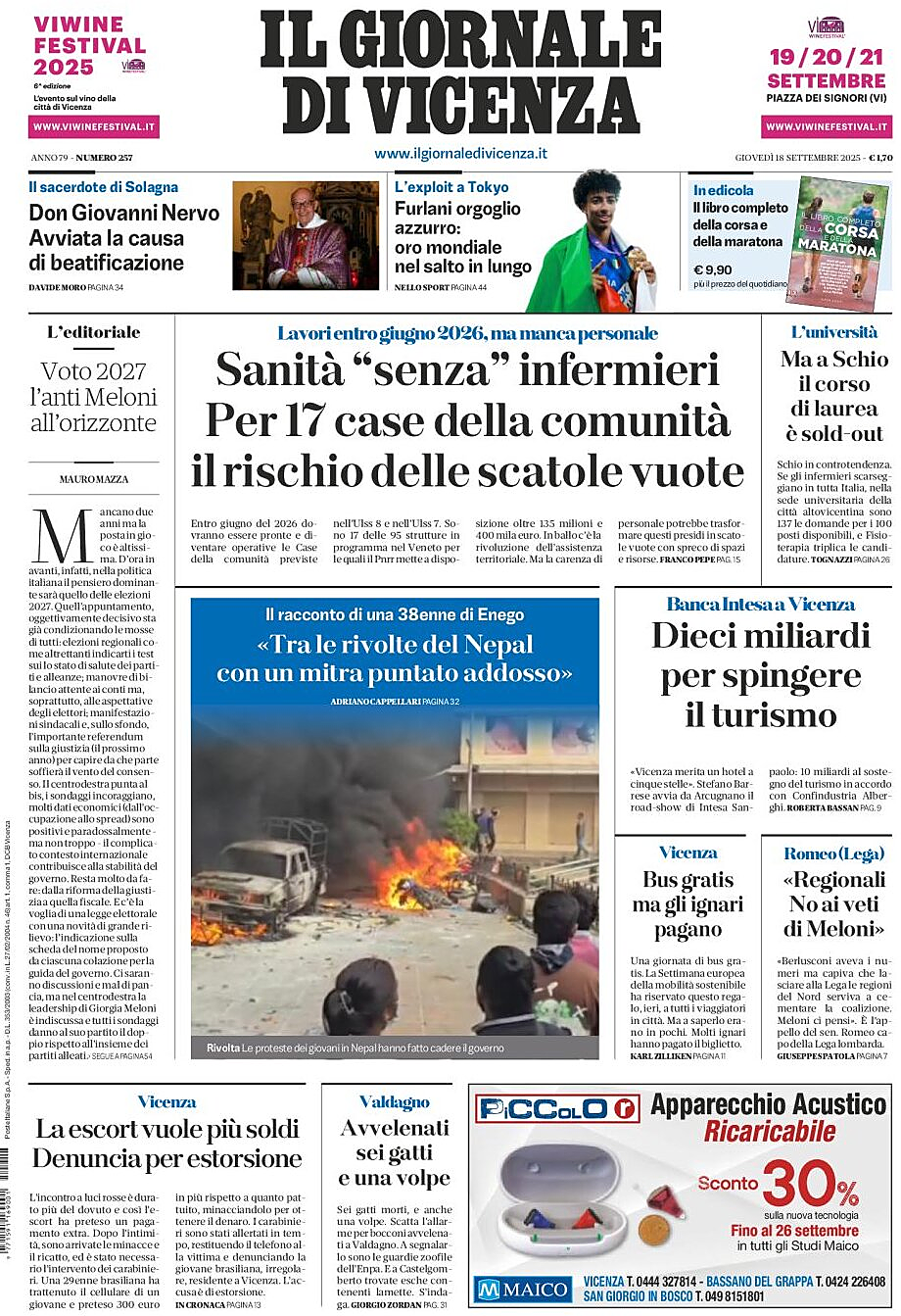 Prima pagina Il Giornale di Vicenza di oggi - Edicola 18 Settembre 2025