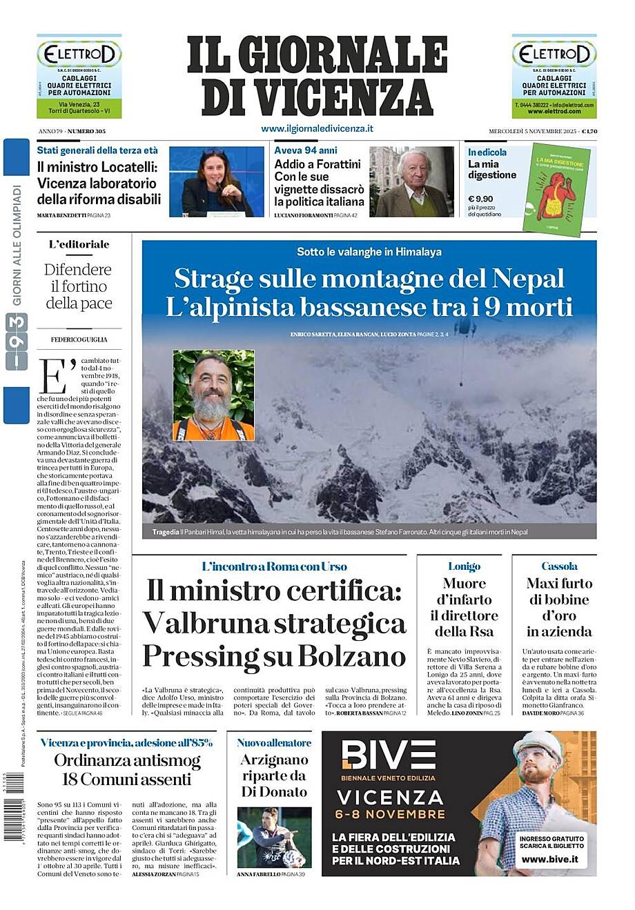 Prima pagina Il Giornale di Vicenza di oggi - Edicola 5 Novembre 2025