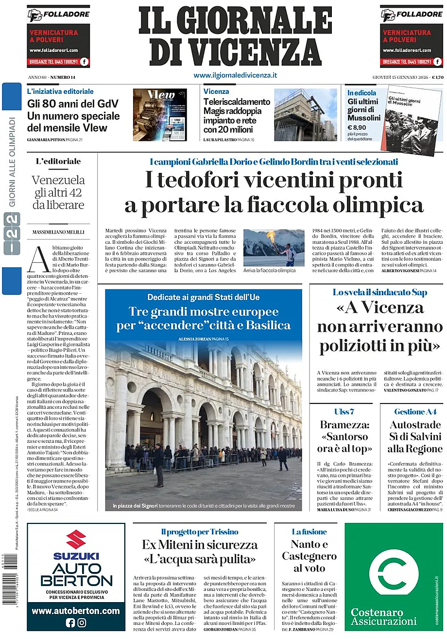 Prima pagina Il Giornale di Vicenza di oggi - Edicola 15 Gennaio 2026