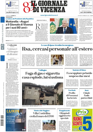 Prima pagina Il Giornale di Vicenza di oggi - Quotidiano regionale