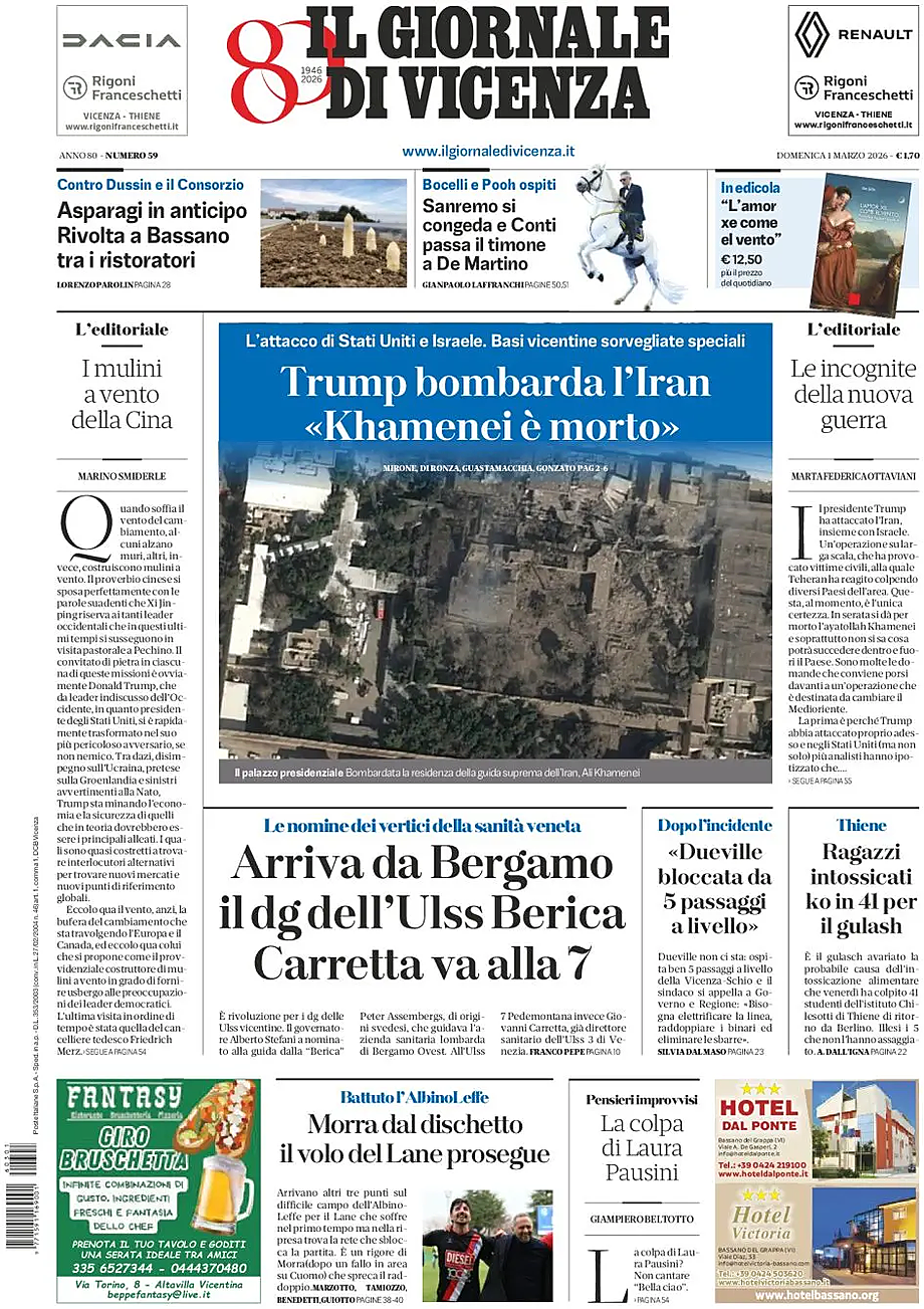 Prima pagina Il Giornale di Vicenza di oggi - Edicola 1 Marzo 2026