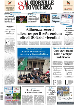 Prima pagina Il Giornale di Vicenza di oggi - Quotidiano regionale